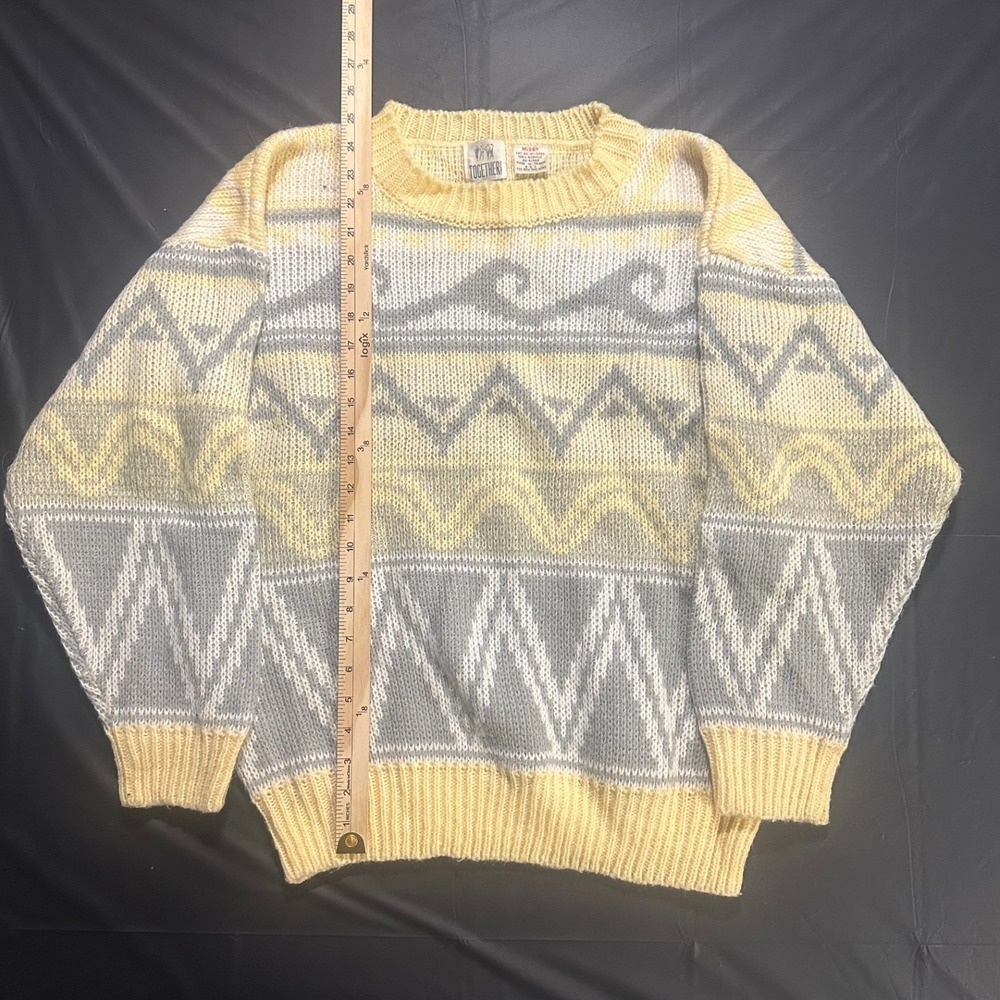 Vintage Together! Geometric Wave Knit Sweater Missy Yellow Gray Retro 80s 90s